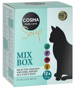 COSMA Soup Zupa różne smaki przysmak kota mokra karma MIX BOX 12 szt x 40g